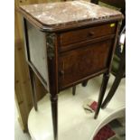 A French walnut marble top pot cupboard with drawer and cupboard door raised on ringed and turned