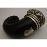 A Scottish white metal mounted curly horn snuff mull,