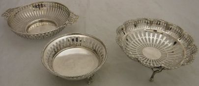 Three assorted silver pierced bonbon dishes,