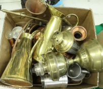 Assorted metal wares to include brass and copper wares, ewers, oil lamps, pokers,