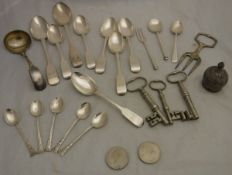 A bag of assorted silver and plated wares to include a pair of Victorian silver table spoons (by