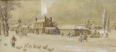 JOHN FRANCIS DIXON "The Cricketers Inn", winter town scene with figures and geese in foreground,