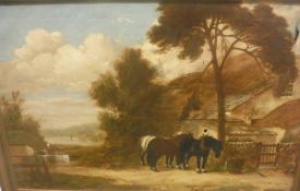 LATE 19TH / EARLY 20TH CENTURY ENGLISH SCHOOL "Horses outside a yard", oil on canvas,
