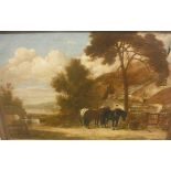 LATE 19TH / EARLY 20TH CENTURY ENGLISH SCHOOL "Horses outside a yard", oil on canvas,