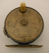 A Hardy 3" diameter brass faced Hardy Perfect, with dished drum and four cusps set into the rim,