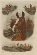AFTER GEORGE WRIGHT "A famous trophy" coloured engraving, depicting various scenes of fox hunting,