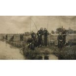 AFTER WALTER DENDY SADLER "Monks fishing on a riverbank", black and white engraving by Boucher,