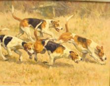 FREDERICK J HAYCOCK (1948-) "Hounds giving chase", oil on canvas,