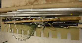 A collection of assorted fishing tackle to include a Gye salmon landing net,