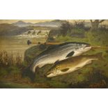 A ROWLAND KNIGHT "Two salmon on a riverbank", oil on canvas,