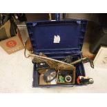 A collection of various shooting and fishing requisites including a Shakespeare box seat,