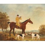 19TH CENTURY ENGLISH SCHOOL "Huntsman on Horseback with Two Hounds", oil on canvas,