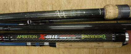 A collection of three assorted fishing rods to include a Hardy "Favourite" three piece match rod,