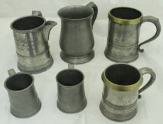 A collection of six various 19th Century pewter mugs and measures,