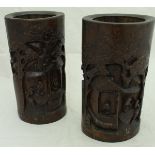 A pair of Chinese carved bamboo cylindrical brush pots