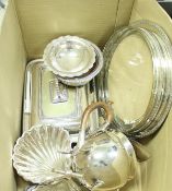 A box of assorted plated wares to include a teapot in the manner of Christopher Dresser,