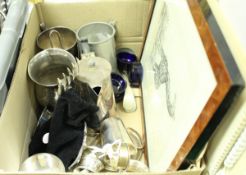 A box of assorted plated wares to include napkin rings, tankards, etc,