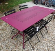 A modern burgundy powder coated iron rectangular garden table (ex Whitehall Garden Centre),