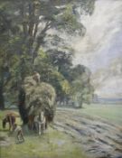 20TH CENTURY ENGLISH SCHOOL "Harvest time with figures in hay cart in the foreground",