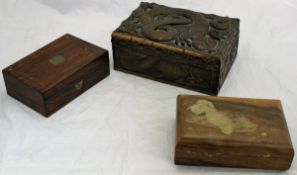 A 19th Century rosewood and brass inlaid box of small proportions, a walnut box,