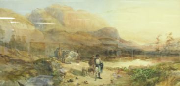 ATTRIBUTED TO WILLIAM LANGLEY (1852-1922) "Scottish Highlands with horses and figures on path",