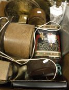 A box containing assorted sundry items to include a mahogany and inlaid balloon shaped mantle clock,