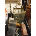 A box containing a glass and brass hall lamp, various cameras,