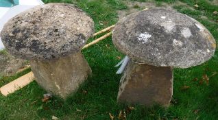 A pair of natural stone staddle stones with tops