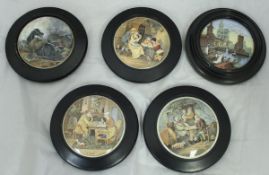 A collection of five 19th Century Pratt ware pot lids including "A fix", "The best car", "A pair",