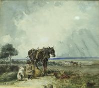 JAMES THOMAS LINNELL 1820-1905 "At Rest", man with horse and dog, watercolour,