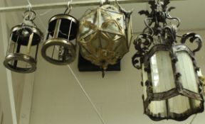 A metal and glass hall light with acanthus leaf decoration,