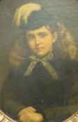 CIRCA 1900 ENGLISH SCHOOL "Young girl in feather-trimmed hat, arms folded before her",