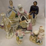 Five various Continental figures / figure groups including a Capo-di-monte "Mother and child" group,