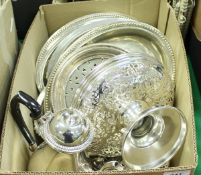 A box of assorted plated wares to include entree dishes,