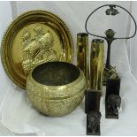 A collection of various brass ware to include a Benares type table on folding base,