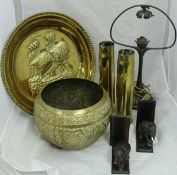 A collection of various brass ware to include a Benares type table on folding base,