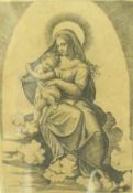 18TH CENTURY CONTINENTAL SCHOOL "Madonna and child amongst clouds", black and white engraving,