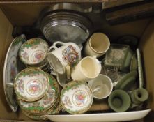 A box containing assorted Wedgwood Green Jasperware china to include trinket dishes etc,