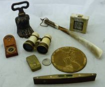 A box of sundry items to include a pair of 19th Century French brass and ivory mounted opera