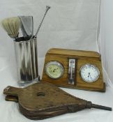 A mid 20th Century walnut cased weather gauge, a small aneroid barometer, fireside companion set,