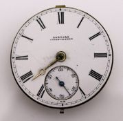 A pocket watch face and mechanism, the white enamel dial inscribed "Barnard Cirencester",