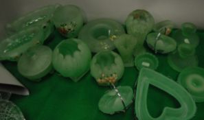 WITHDRAWN A collection of 18 pieces of 1930's frosted green glassware, including vases, bowls,