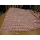 One pair of cotton / linen type pink and cream check thermal interlined curtains with taped pencil