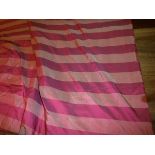Four pairs of moire silk burgundy and gold striped interlined curtains with fixed triple pinch