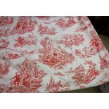 A pair of cotton type Toile de Jouy red and cream interlined curtains with taped pencil pleat