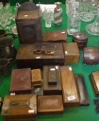 A collection of various wooden and lacquered boxes, a smoker's cabinet, oak tea caddy,