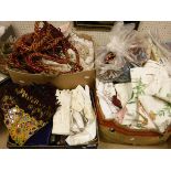 Three boxes of assorted textiles to include handbags, kid gloves, vintage Ikea fabric,