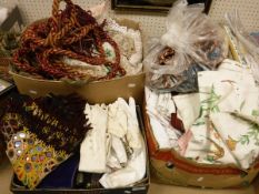 Three boxes of assorted textiles to include handbags, kid gloves, vintage Ikea fabric,