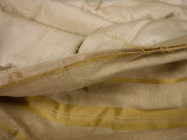 Two moire silk gold striped interlined curtains with fixed triple pinch pleat heading, - Image 2 of 3