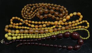 A collection of seven various amber/amber coloured bead necklaces, 357g approx.